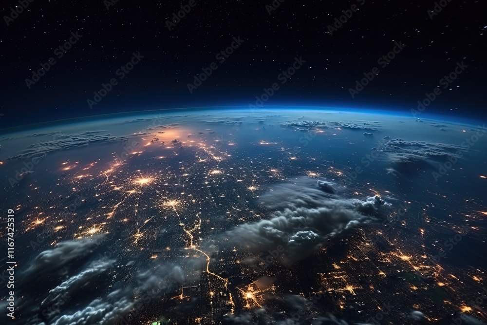 Fototapeta premium Futuristic city aerial view at night. Structure of sci-fi metropolis with neon lights from the bird view