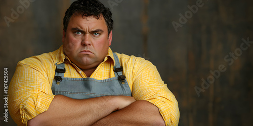 Portrait Photo of a Grumpy Man Wearing an Apron photo