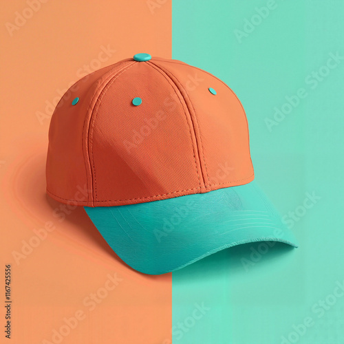 Orange and turquoise baseball cap on bright background, perfect for summer style