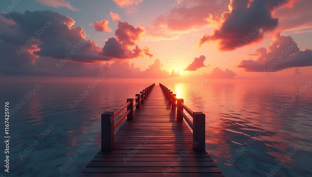 Obraz premium Vibrant Ocean Sunset with Illuminated Wooden Pier and Reflective Waters