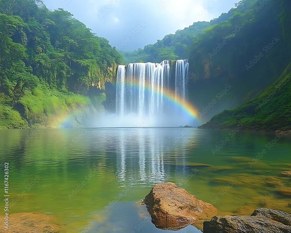 Fototapeta premium Majestic waterfall with rainbow over tranquil pool.