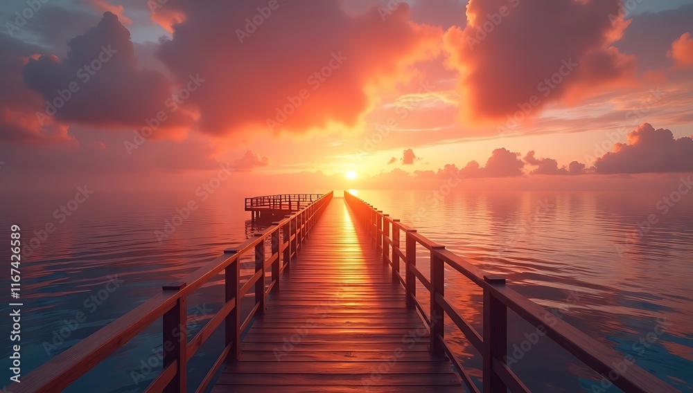 Fototapeta premium Vibrant Ocean Sunset with Illuminated Wooden Pier and Reflective Waters