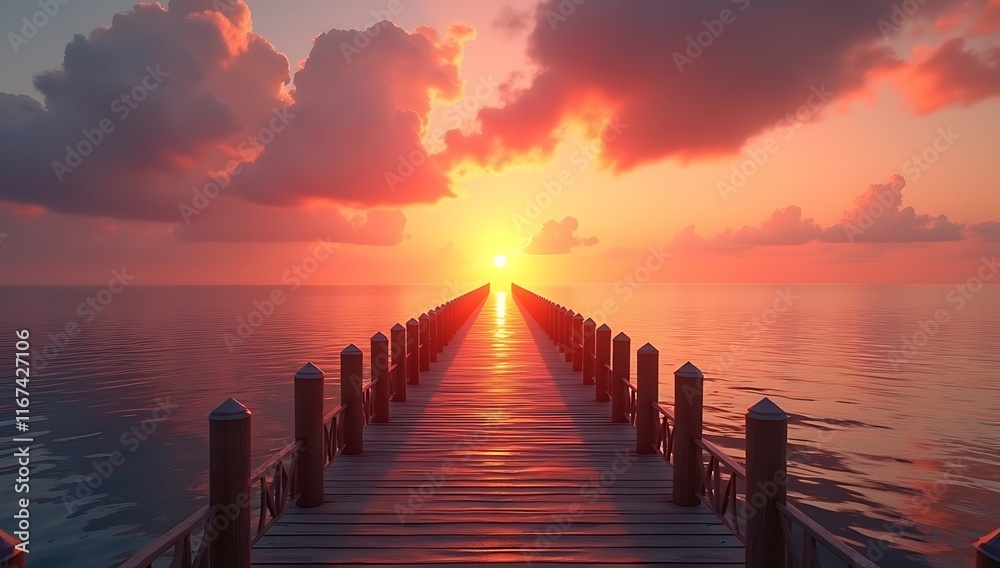 Fototapeta premium Vibrant Ocean Sunset with Illuminated Wooden Pier and Reflective Waters