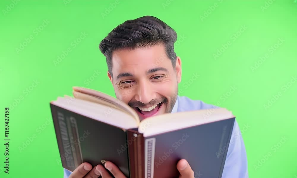 Joyful Man Reading Book Against Green Screen Joyful Man Reading Book Against Green Screen