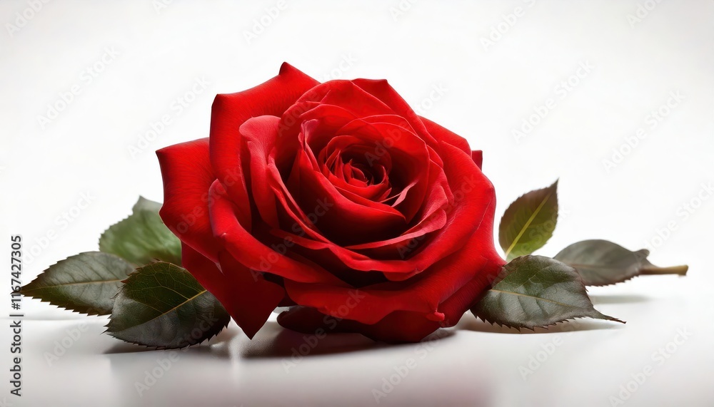 Beautiful Red Rose with Green Leaves on a White Background Beautiful Red Rose with Green Leaves on a White Background