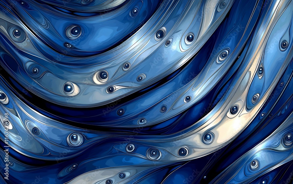 Abstract blue and silver swirling metallic texture with embedded orbs. Abstract blue and silver swirling metallic texture with embedded orbs.