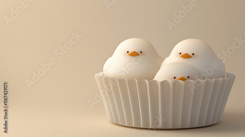 Cute pudgy 3D Chibo ducks illustration squished into a cupcake case, Chibo series  

