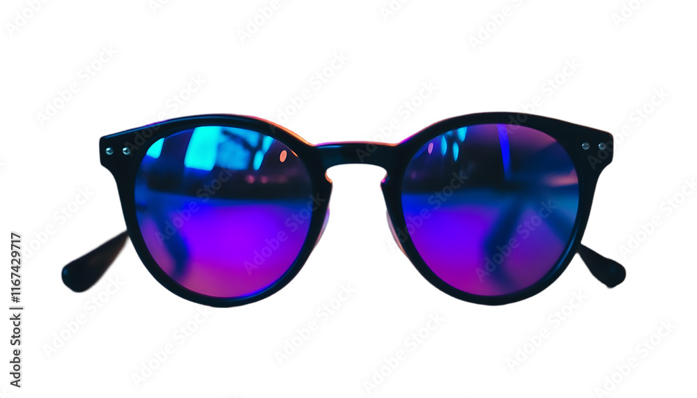Stylish round sunglasses with reflective blue and purple lenses. Stylish round sunglasses with reflective blue and purple lenses.