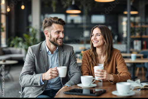 Two cheerful colleagues share a pleasant conversation over coffee in a stylish cafe atmosphere. The warm setting enhances a sense of camaraderie and positivity. photo