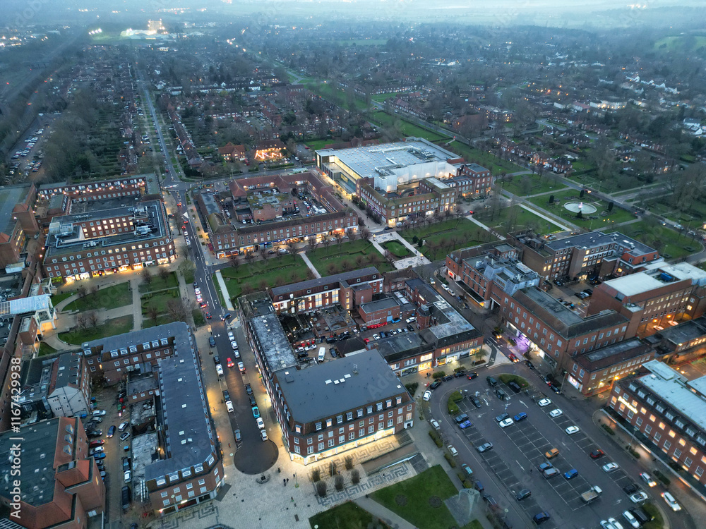 Naklejka premium Downtown Central Welwyn Garden City of England Great Britain. Aerial Footage Was Captured with Drone's Camera on March 1st, 2024 from Medium High Altitude During Windy Day and Sunset Time.