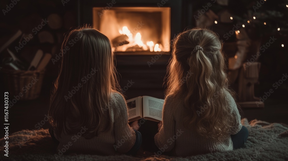 In front of a cozy fireplace, two little girls share a book in their living room, filled with Christmas decorations and a tree. The atmosphere embodies friendship among children and families on In front of a cozy fireplace, two little girls share a book in their living room, filled with Christmas decorations and a tree. The atmosphere embodies friendship among children and families on