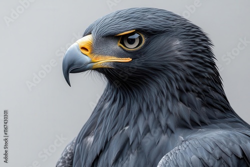 rightside view of a striking black eagle with glossy feathers highlighted against a plain backdrop showcasing the birds majestic form intricate feather details and intense gaze photo