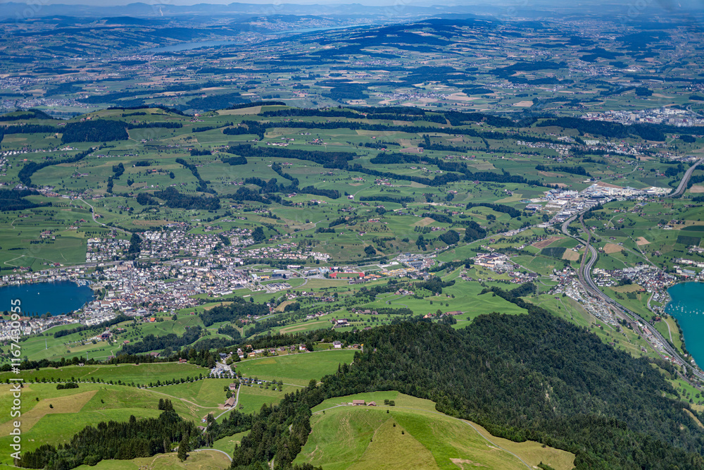 Obraz premium aerial panorama view from Rigi Kulm over lake Zug and Lauerzersee in the state Canton Zug and Schwyz, Switzerland, Europe on a sunny summer day