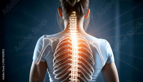 Stunning image of a woman's back with a glowing skeletal overlay, highlighting the spine and ribcage.  Perfect for medical, healthcare, or wellness websites, brochures, or presentations.