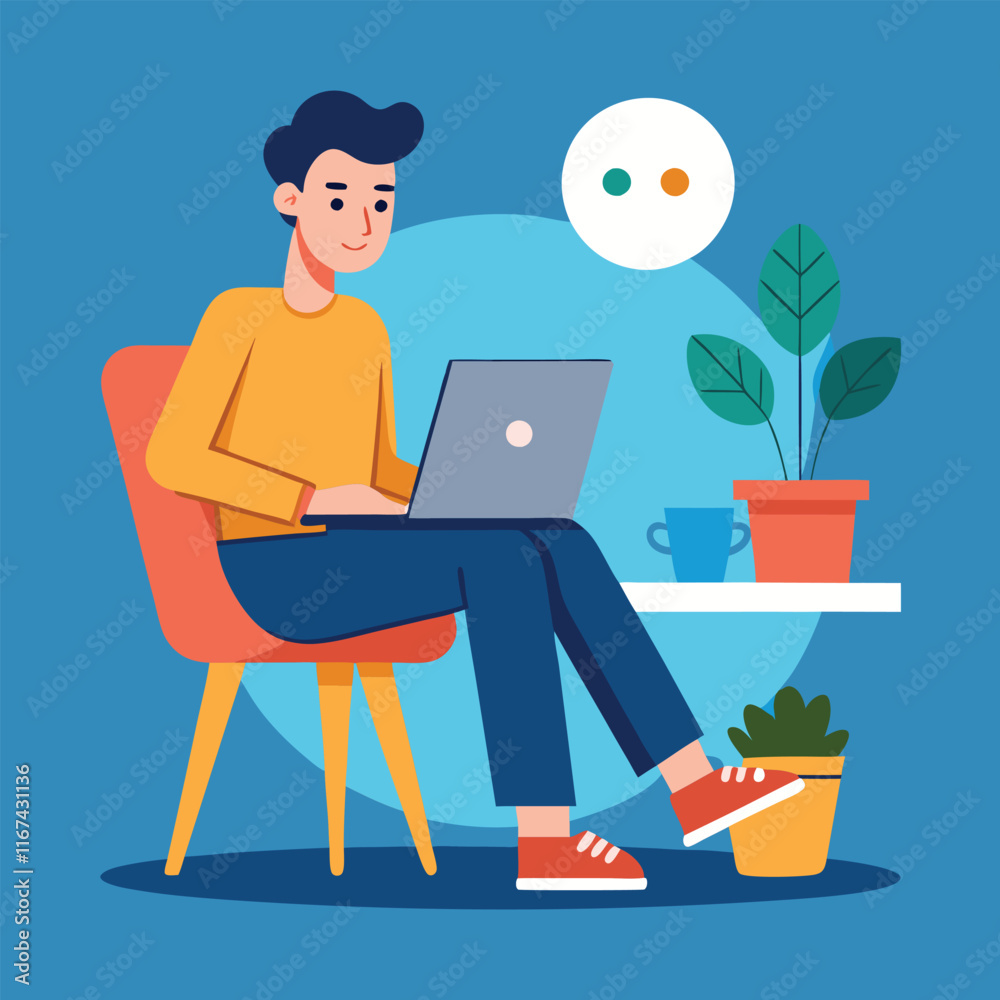 man working on his laptop, vector illustration man working on his laptop, vector illustration