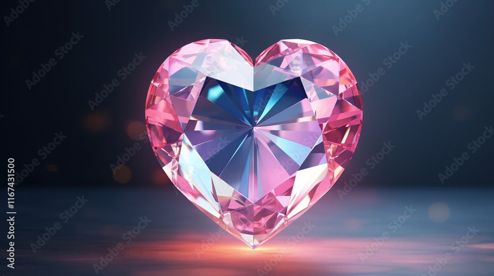 Faceted red diamond heart with glowing light for Valentine's Day sale or gift. Crystal gem heart