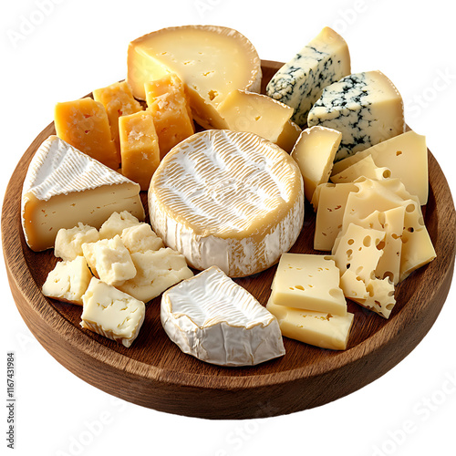 [Transparent Background PNG]Assortment of various types of cheeses on a wooden board