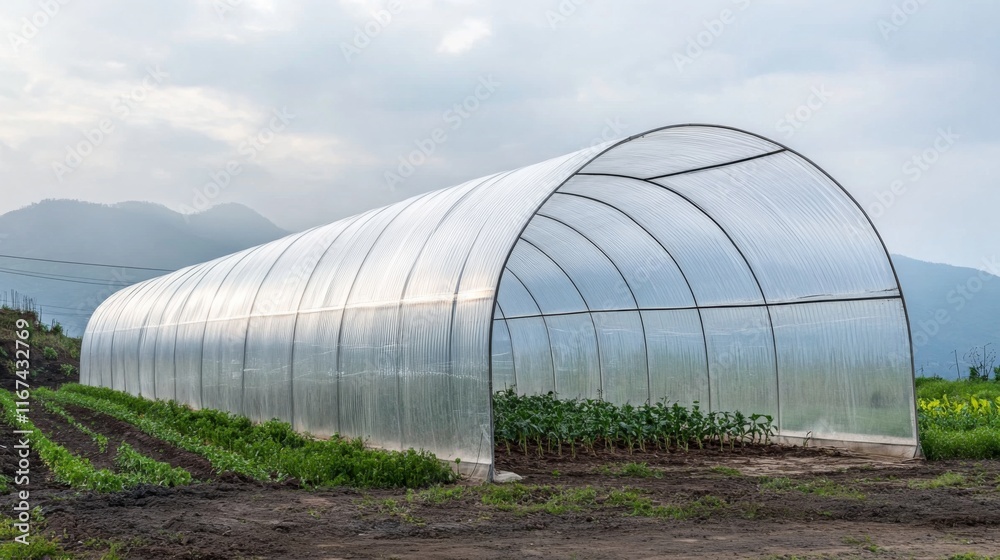 Greenhouse with Overcast Sky and Panoramic Background Greenhouse with Overcast Sky and Panoramic Background