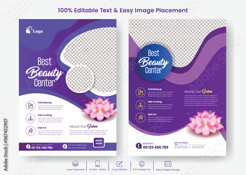 Beauty Spa salon Flyer set, Hair salon flyer, skin care flyer, purple pink color template design suitable for makeup poster book cover  brochure template design