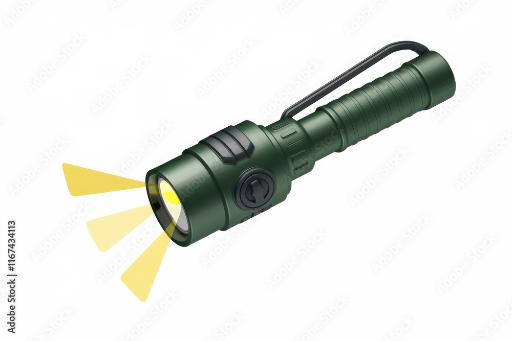 A dark green tactical flashlight with a textured grip and a bright LED light beam. A dark green tactical flashlight with a textured grip and a bright LED light beam.