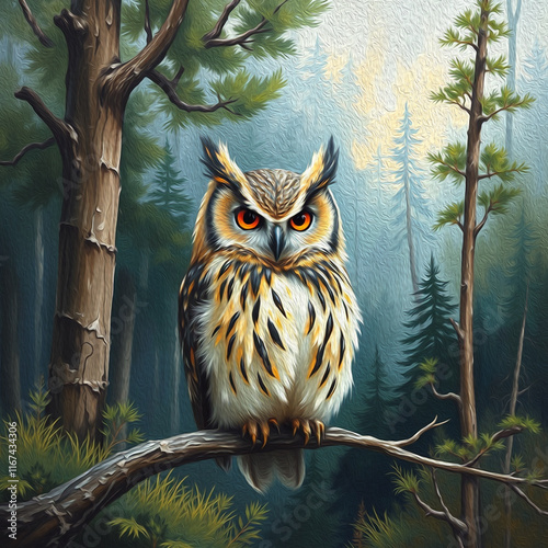 Owl . Oil painting. Logo design for use in graphics. Print on a T-shirt, design for printing on wall decorations. Artistic brush strokes photo