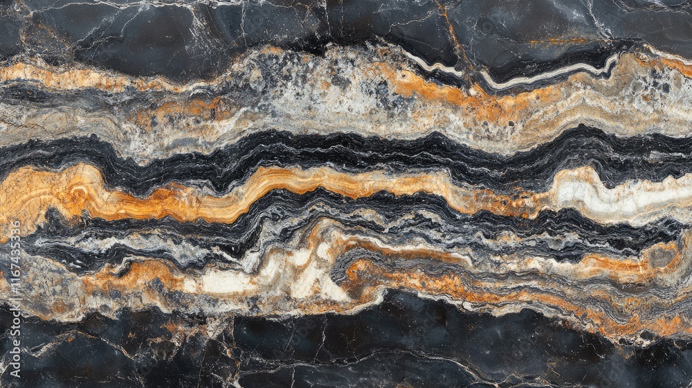 A close-up of a layered stone surface showcasing black, white, and orange patterns. A close-up of a layered stone surface showcasing black, white, and orange patterns.