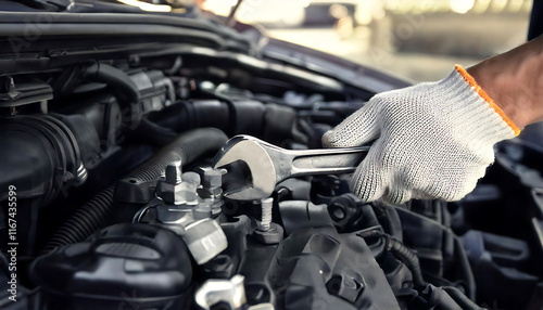 Close-up of gloved hand using wrench on car engine.  Dramatic lighting and detailed textures highlight the mechanical process. Perfect for automotive repair, maintenance, and DIY projects. photo