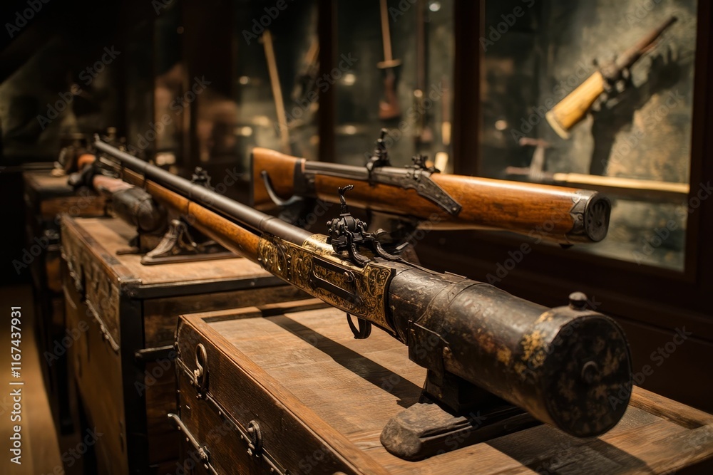 Ornate antique firearms displayed on wooden case. Ornate antique firearms displayed on wooden case.