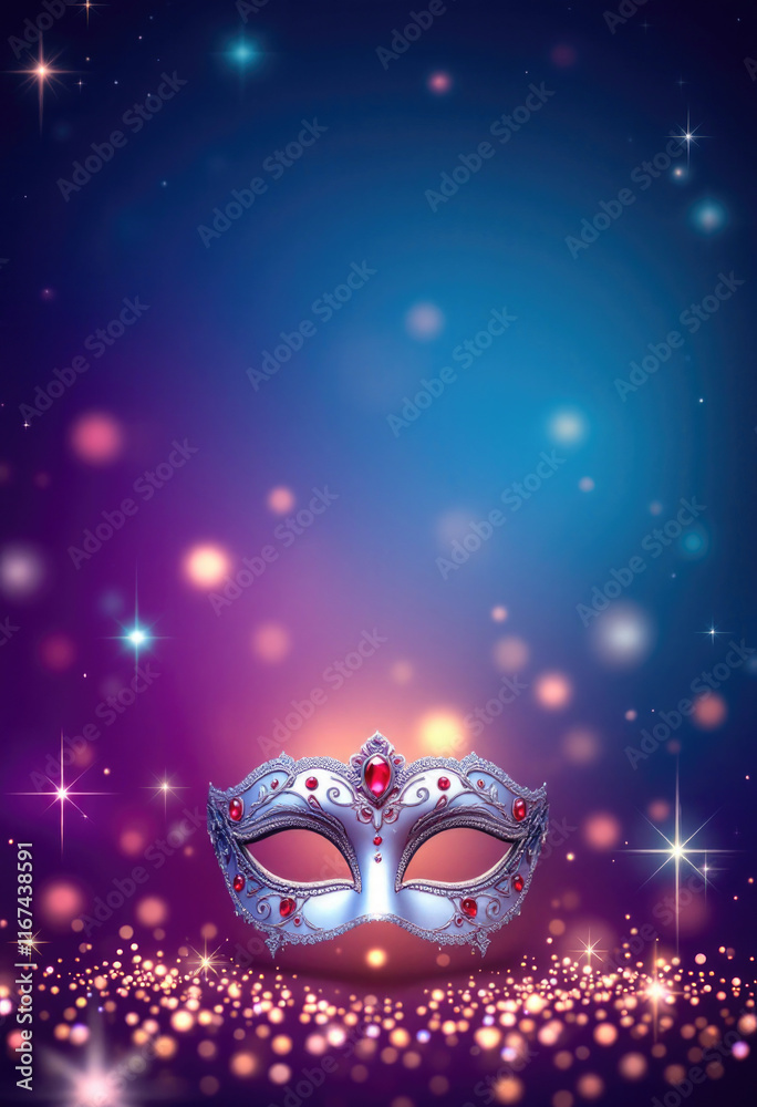 Fototapeta premium Vertical banner, website header featuring a gorgeous carnival mask, postcard with copy space. Elegant silver mask with red jewels on magical sparkling background