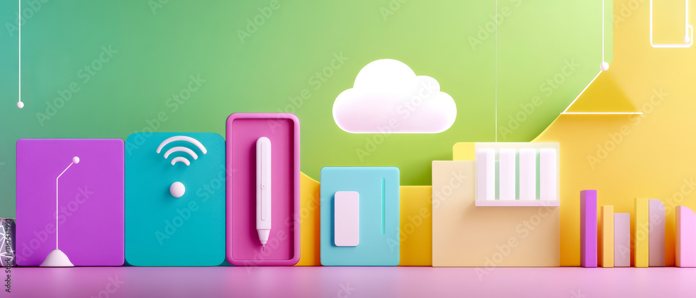 Fototapeta premium A colorful, minimalist design featuring various tech elements like a cloud, a pencil, and Wi-Fi symbol against a vibrant background.