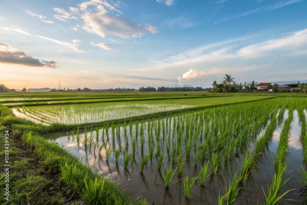 Fototapeta premium Lush Paddy Field Under Blue Sky During Daylight