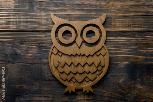 A wooden owl design carved into a rustic wooden background. photo