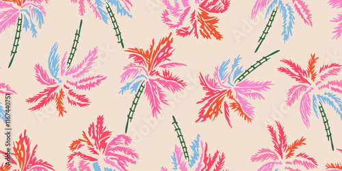 Tropical pattern with freehand drawn palm trees. Hawaii summer background for fabric, textiles, clothing, poster, cover, decoration, banner, wallpaper, interior decor. Vector illustration.