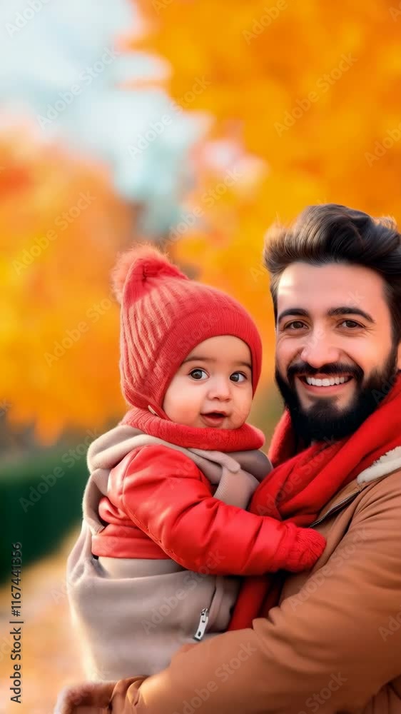 Father holding her baby girl in the park under a cold autumn day