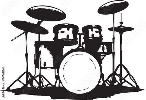 drummer in the set and Dynamic silhouette of a drummer passionately performing on drums against a stark white background during a vibrant music session