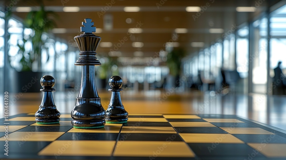 Elegant Chess Setup with Black King and Pawns in a Modern Workspace Showcasing Strategic Depth and Competitive Spirit in a Corporate Environment Elegant Chess Setup with Black King and Pawns in a Modern Workspace Showcasing Strategic Depth and Competitive Spirit in a Corporate Environment