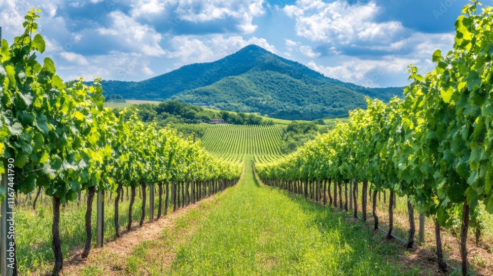 Fototapeta premium Scenic Vineyard with Panoramic Mountain View