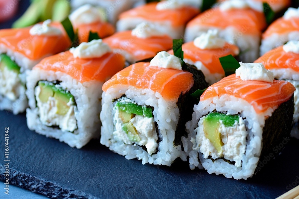 Delightful sushi rolls with fresh ingredients served on a stylish platter Delightful sushi rolls with fresh ingredients served on a stylish platter