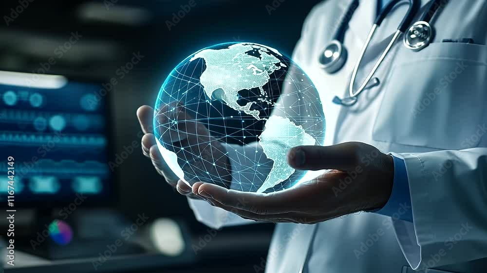 A close-up of a glowing digital globe with health data streams, held by ...