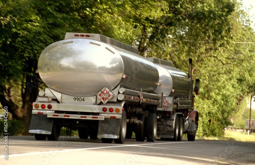 Fuel tanker on rural highway.