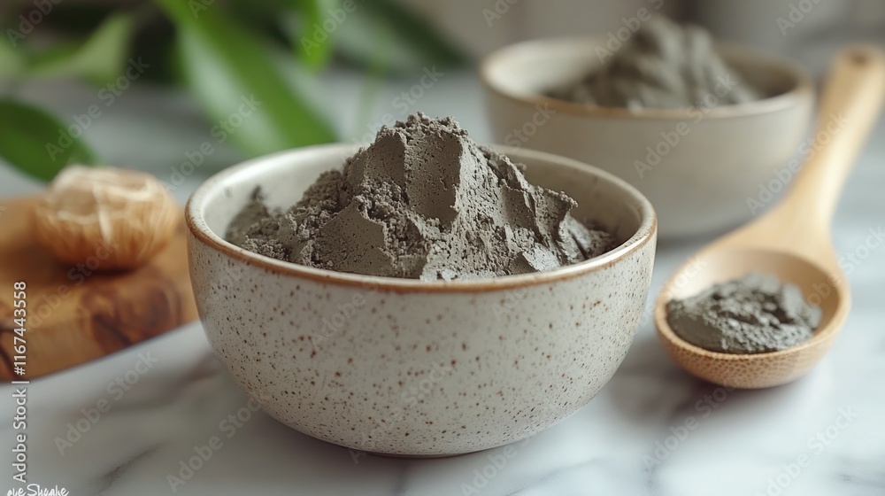 A bowl of gray clay or powder, with a wooden spoon, set on a marble surface. A bowl of gray clay or powder, with a wooden spoon, set on a marble surface.