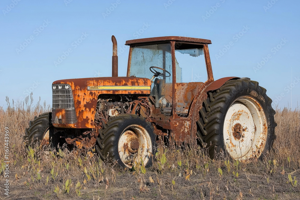 Rusted tractor abandoned in overgrown field