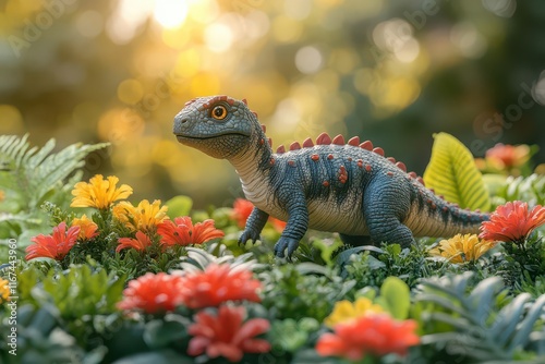 small dinosaur playfully exploring a vibrant park surrounded by lush greenery and colorful flowers the dinos whimsical expression adds charm with sunlight filtering through the leaves