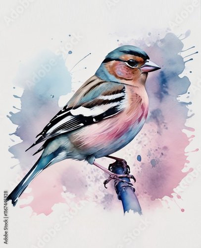 Watercolor Painting of chaffinch, in pink and blue Shades