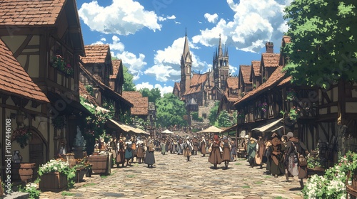 Bustling medieval village scene with townsfolk and charming architecture.