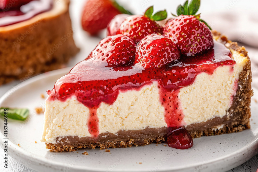 Classic cheesecake slice with strawberry sauce Classic cheesecake slice with strawberry sauce