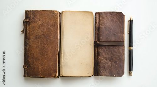 A flat lay of vintage-style notebooks and pens on a white background.--ar 16:9 photo