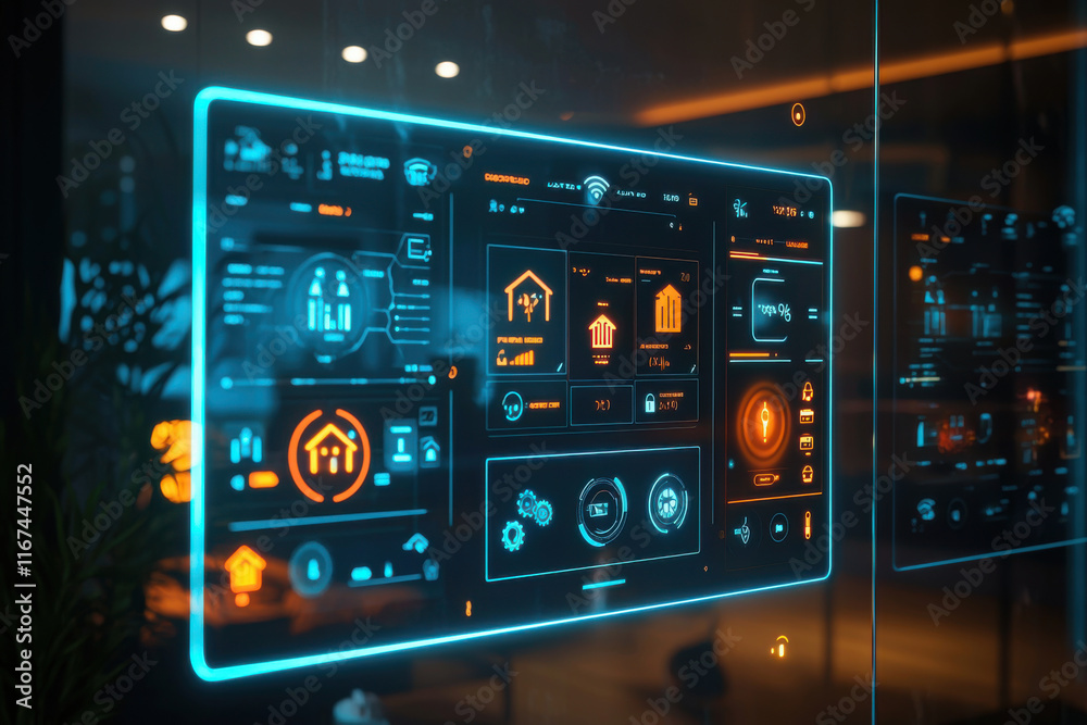 Smart home interface glowing on glass wall Smart home interface glowing on glass wall