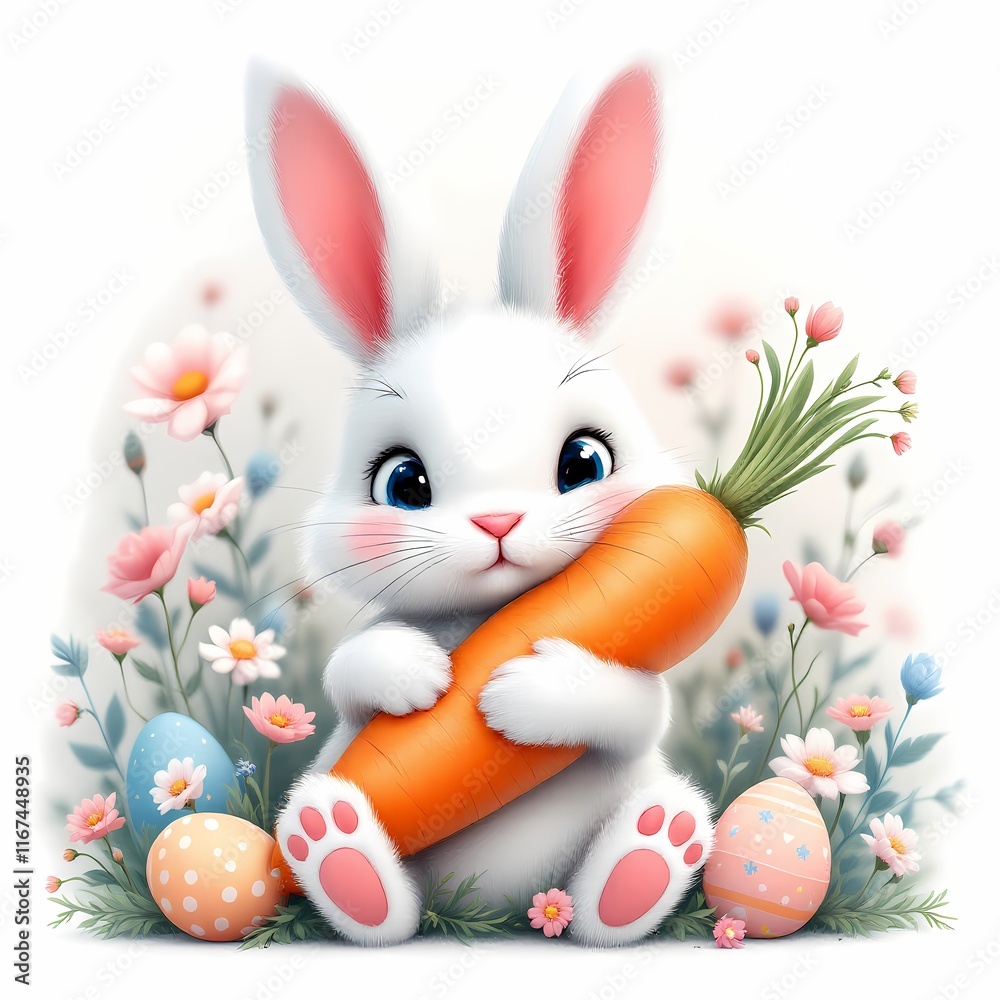 Cute rabbit hugging a large carrot among colorful blooms and Easter eggs, ideal for spring or Easter-themed designs. Cute rabbit hugging a large carrot among colorful blooms and Easter eggs, ideal for spring or Easter-themed designs.