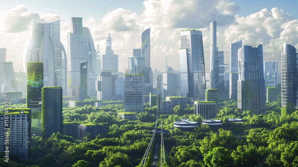 Obraz premium Aerial perspective of a modern futuristic cityscape with towering glass and steel skyscrapers surrounded by lush green spaces and trees